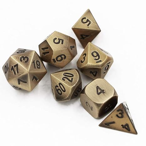 Dicebreaker Würfel Set | Antik Gold Farbe mit schwarzen Zahlen 7-teilig | schweres Metall Polyhedral Rollenspiel Game RPG Dic