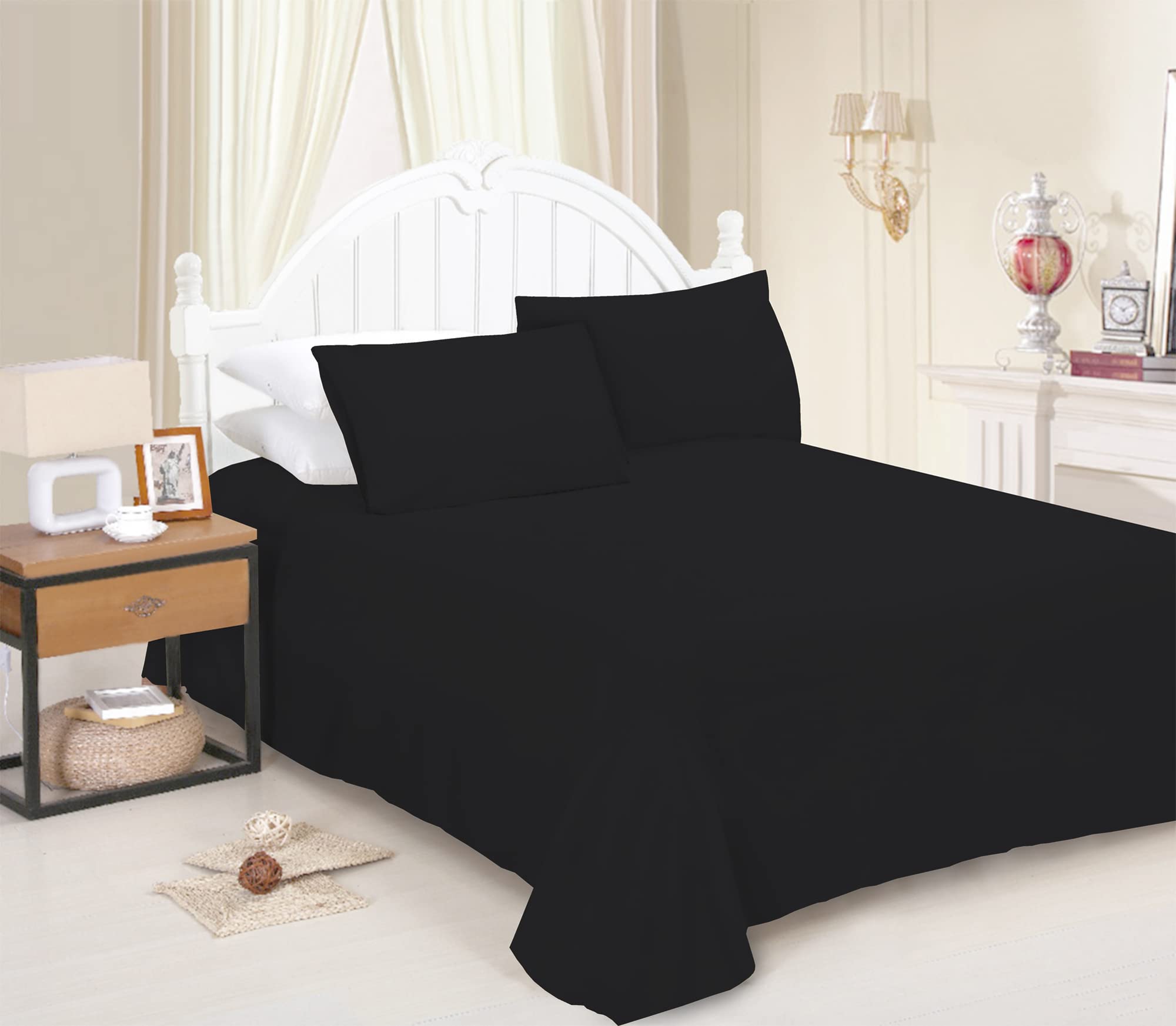 JRI® Flat Sheet- Luxurious Bed Sheet-Breathable-Hypoallergenic-Comfortable Poly Cotton Flat Sheet-Soft Touch Wrinkle Free (Black-Double) - (Same Day Dispatch)
