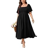 SHESTARR Women's Plus Size Dress Short Sleeve Square Neck Smocked Side Split Flowy A Line Long Maxi Dress
