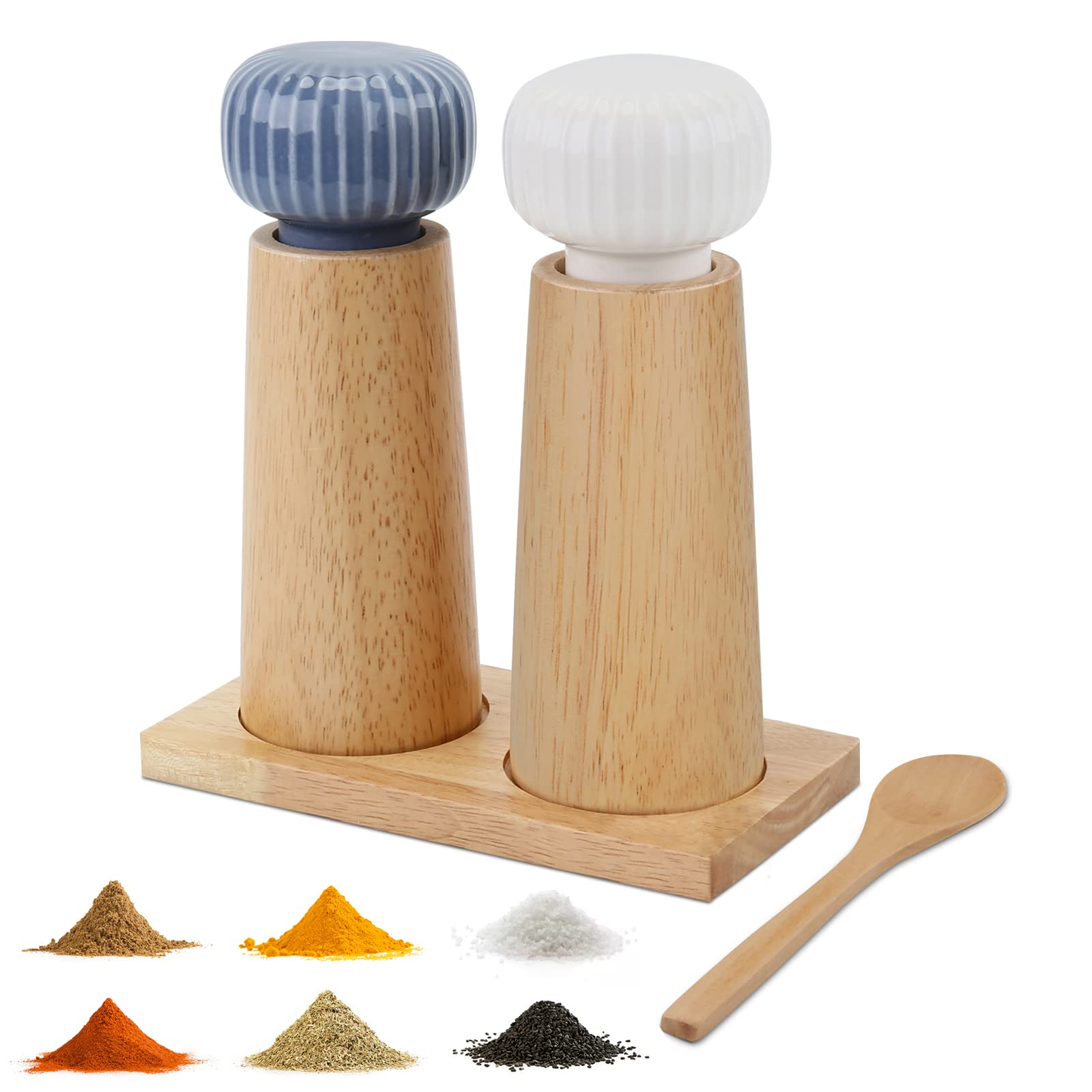 Oyxon Salt and Pepper Mill Set, Salt and Pepper Grinder Wooden, Wood and Ceramic Pepper Grinder with Stand, Manual Spice Mills with Adjustable Coarseness (2PCS)