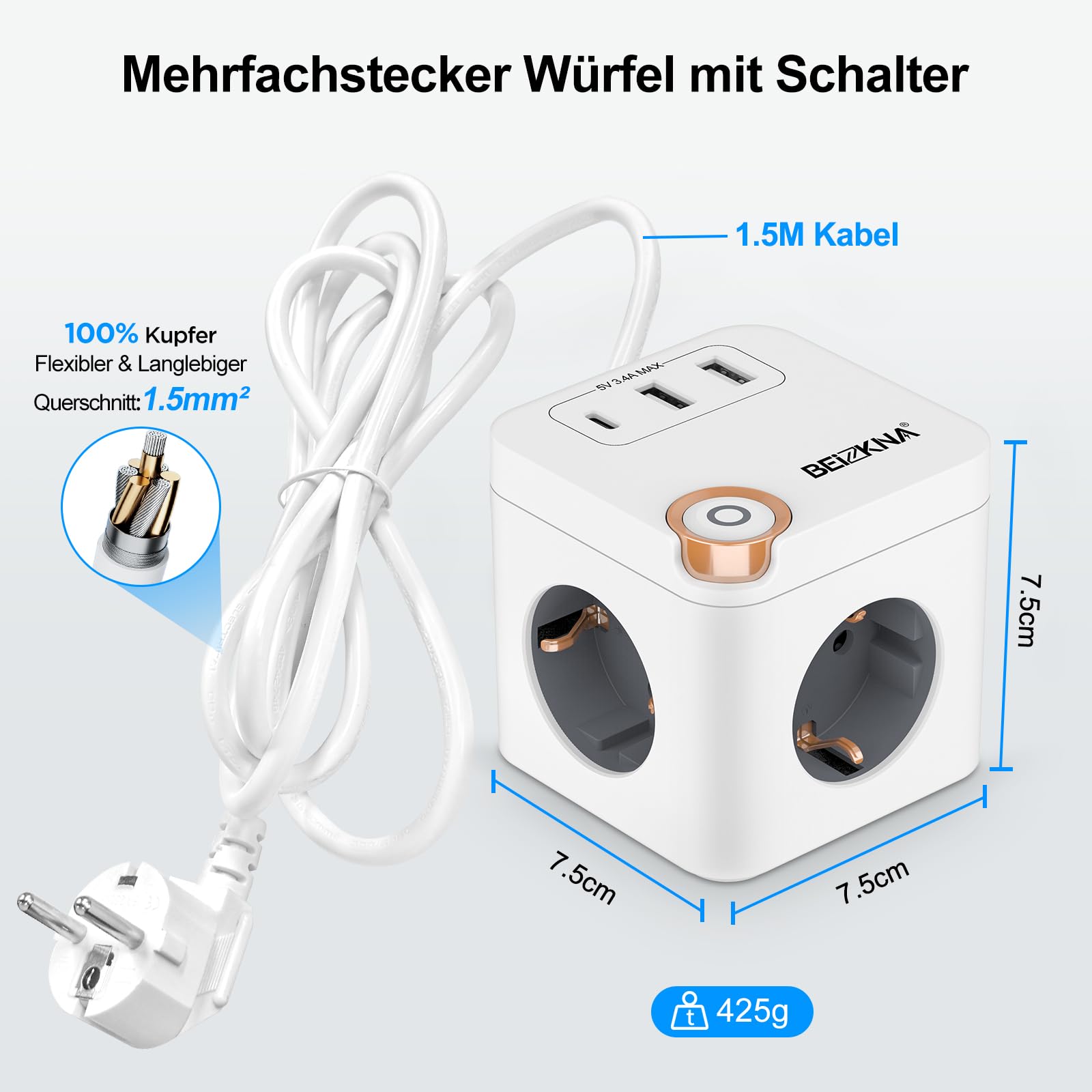 Steckdosenwürfel USB C Mehrfachsteckdose Steckdosenleiste 3-Fach Steckerleiste Überspannungsschutz Steckdose Mehrfachstecker Cube Würfel Steckdosen mit Schalter für Büro Hause 1.5M Kabel, Weiß 7