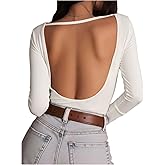 SHENHE Women's Open Back Scoop Neck T Shirt Sexy Long Sleeve Solid Fitted Going Out Tees