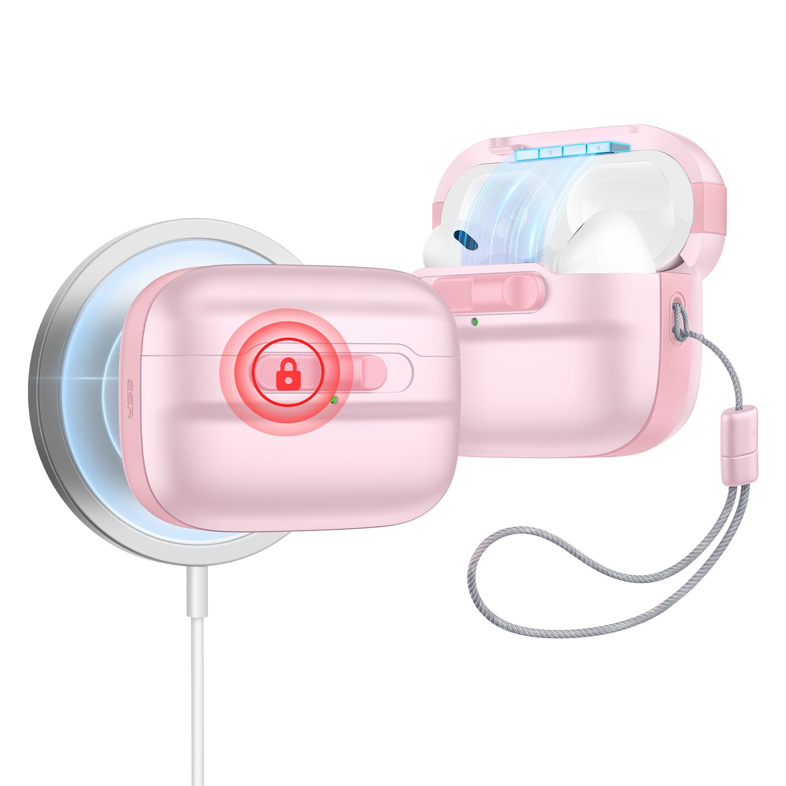 Photo 1 of ESR for AirPods Pro Case (2023/2022/2019, 2nd/1st Gen), Compatible with Airpods Pro 2 (USB-C/Lightning Cable), MagSafe Ready, Magnetic Lid Lock, Full Drop Protection Cover with Lanyard, Pink