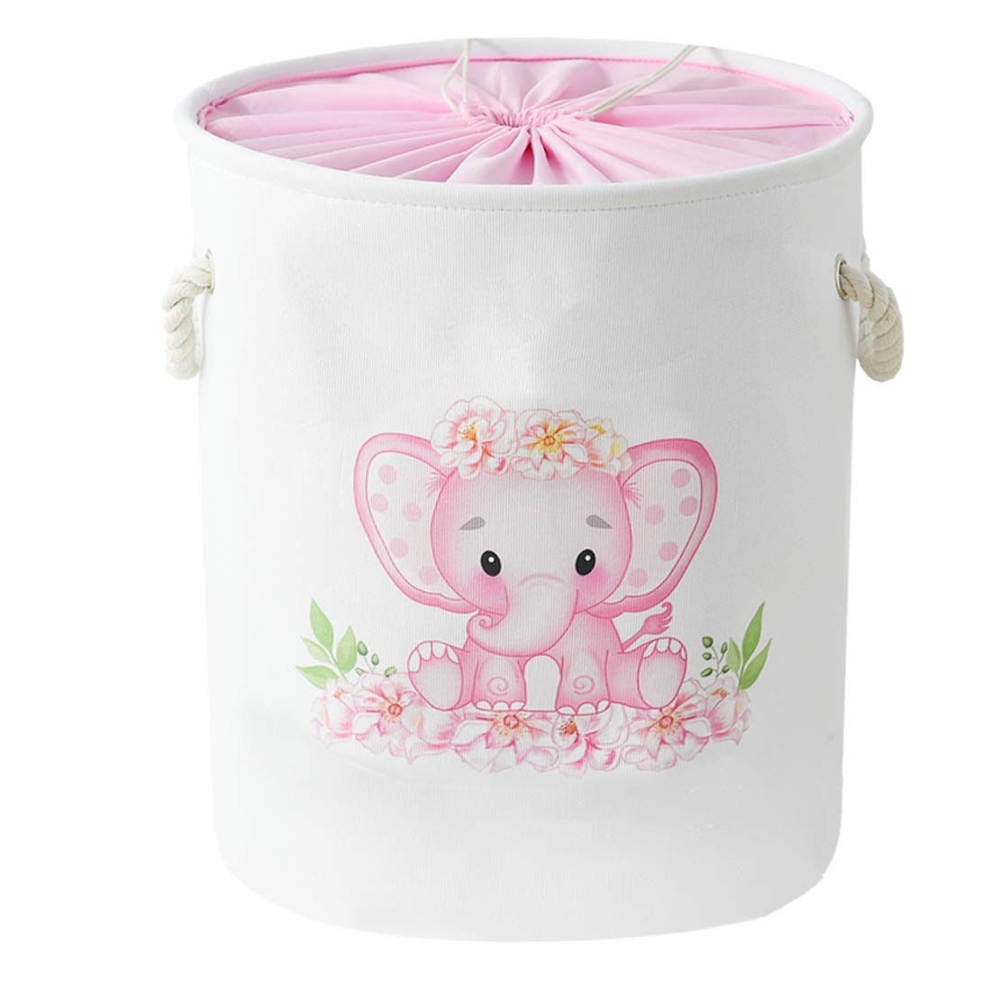 INough Laundry Baskets Kids Laundry Hamper, Pink Baby Hamper Elephant Basket Large Collapsible Kids Hamper with Handles Waterproof Round Linen Storage Basket for Toddler/Girls (Pink Elephant)