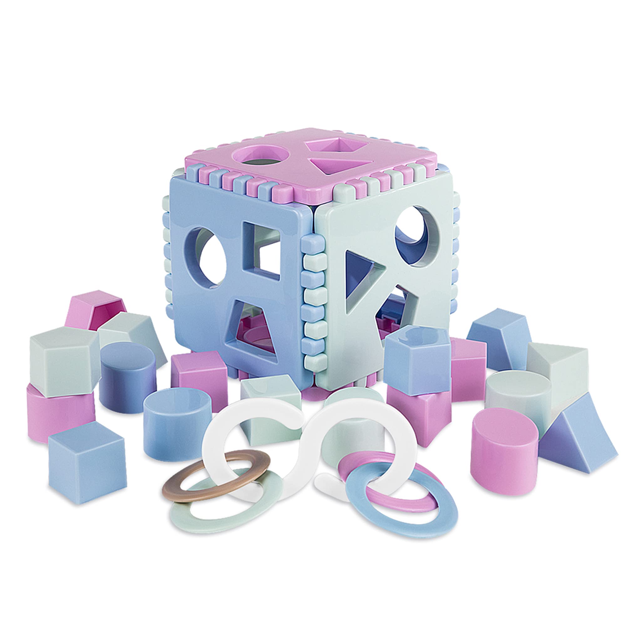 Mimtom Shape Sorter Toy | Re-buildable Baby Play Cube with 18 Sorting Blocks | Learning Toy Made in the EU - Purple, Blue & Green