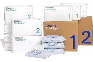 Coterie Baby Wipes + Diapers Kit, Size 1 (99 Count) & Size 2 Diapers (186 Count), 4 Pack (224) Baby Wipes with 99% Water, Plant Based Materials, Hypoallergenic for Sensitive Skin