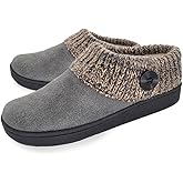 Clarks Womens Suede Leather Comfort Clog Knitted Collar Slipper - Plush Faux Fur Trim - Indoor Outdoor House Slippers For Women (Grey/Beige 6M)