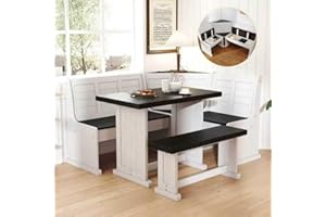 KOBY HOME Breakfast Nook Kitchen Corner Dining Table Bench Chair Set,with Charging Ports, Hidden Storage Space-Saving 3-4 Seat L-Shape for Farmhouse Family Home White Black Wood