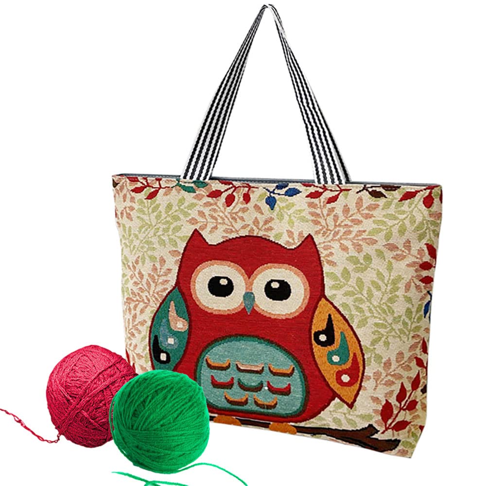 Knitting Tote Bag, Large Knitting Bag Knitting Needle Bag with Zipper Owl Pattern Crochet Bag for Yarn Knitting Needles Crochet Hooks