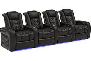 VALENCIA THEATER SEATING Valencia Tuscany Home Theater Seat - Nappa Leather Power Recliner with Cool Gel Memory Foam, USB-C/USB-A Charging, RGB LED Lights, Adjustable Lumbar & Headrest (Row of 4, Black)