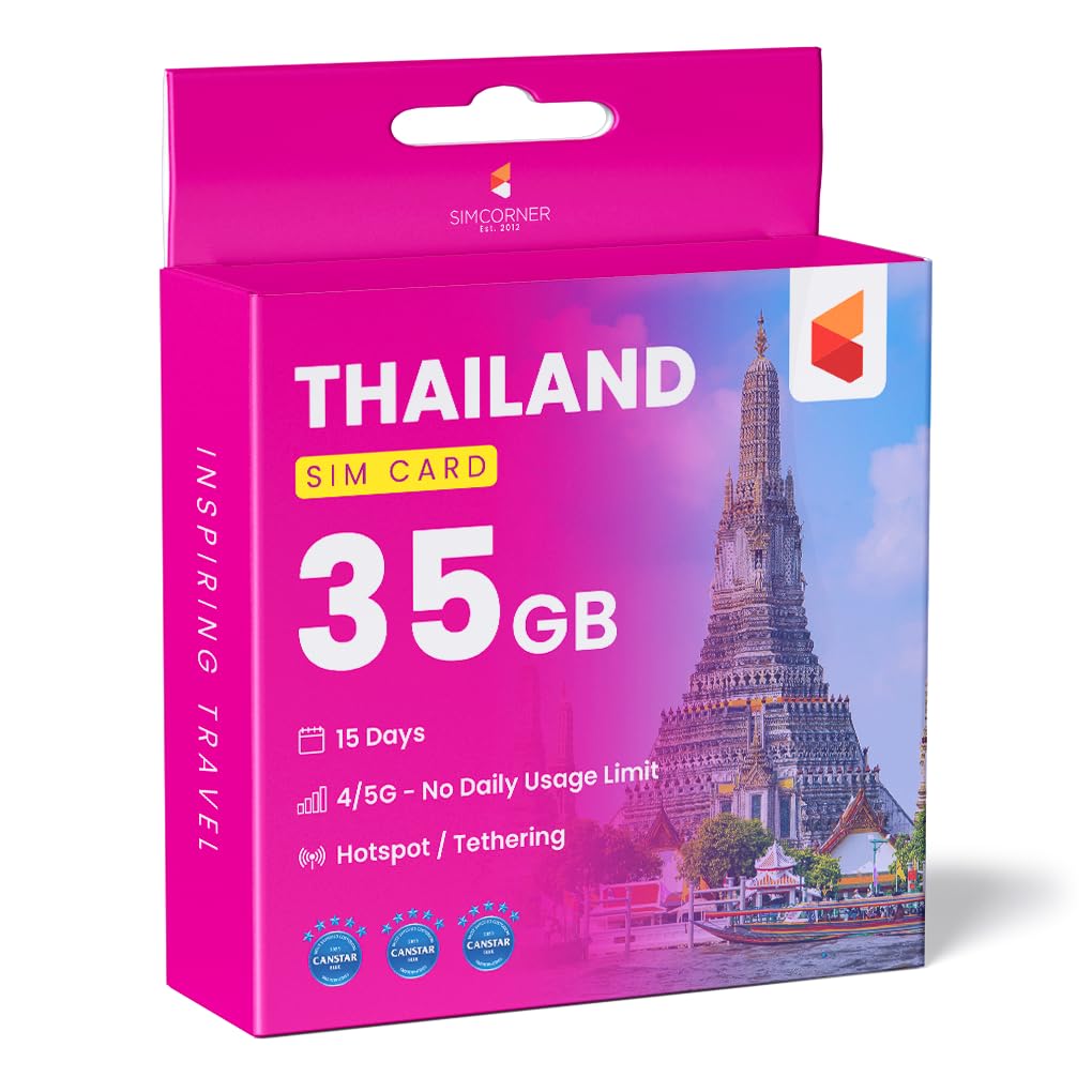 SimCorner Thailand Travel SIM Card (35GB, 15 Days) - AIS SIM for Tourists w/Free AIS WiFi & Prepaid Talktime - 3-in-1 4G Hotspot Card: Standard, Micro, Nano SIM for Unlocked Phones