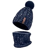 LCZTN Womens Pom Beanie Hat Scarf Set Girls Cute Winter Ski Hat Slouchy Knit Skull Cap with Fleece Lined
