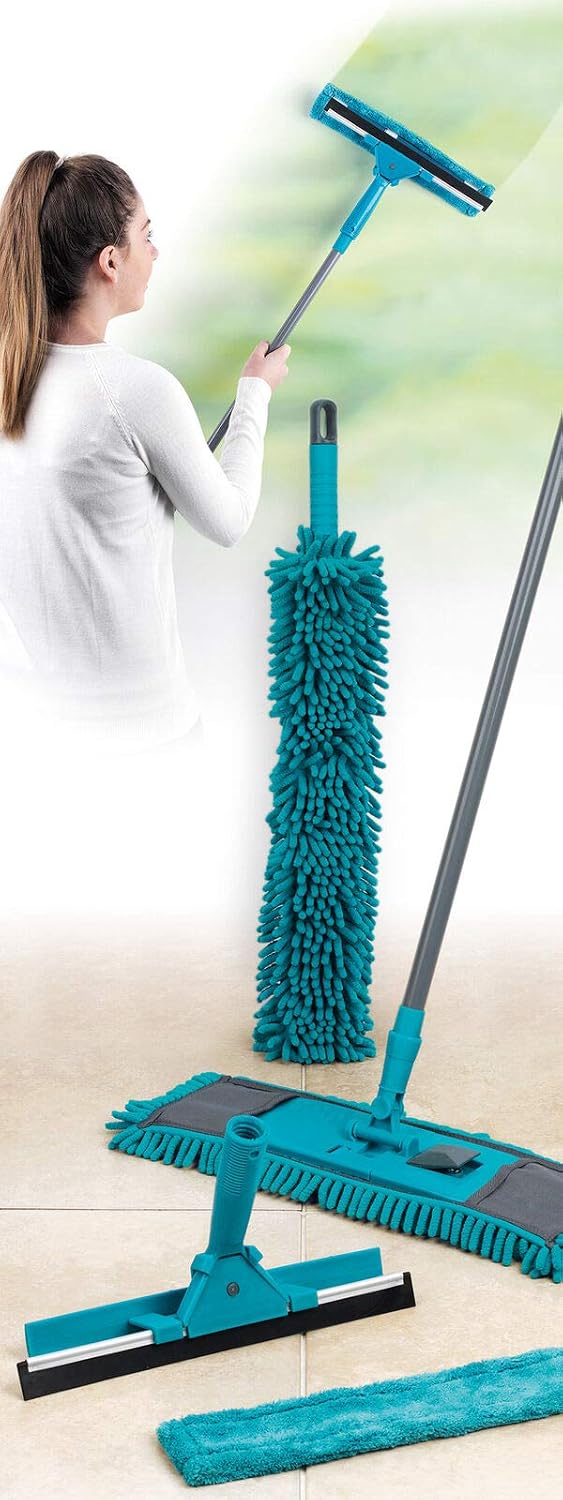 Beldray LA026798 7 Piece Duster and Mop Cleaning Set | Turquoise | Perfect for Windows, Glass Tiles, Hard Floors & Surfaces, 20 x 7 x 68 cm