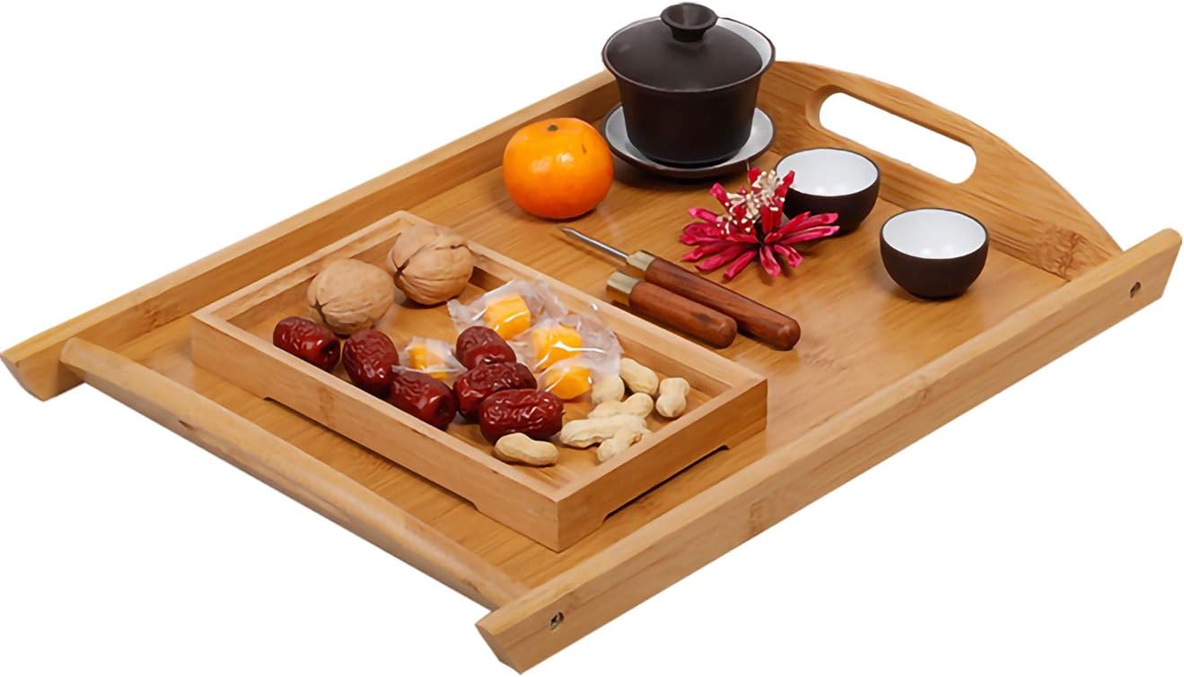 GKanMore Bamboo Serving Tray 17x 12 Inch Rectangle Breakfast Dinner Food Tray with Handles Ideal for Parties Coffee Table Restaurants (Medium, Bamboo)