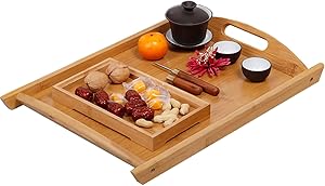 GKanMore Bamboo Serving Tray 17x 12 Inch Rectangle Breakfast Dinner Food Tray with Handles Ideal for Parties Coffee Table Restaurants (Medium, Bamboo)