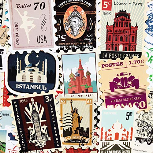 50PCS Vintage World Famous Stamps Stickers Retro Stamp Waterproof Sticker Laptop Car Bicycle Suitcase Computer Water Bottle Mobile Phone Stickers Decals (Vintage 2)