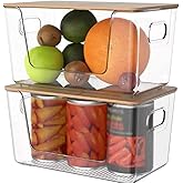 2 Set Stackable Storage Bins with Bamboo Top,Clear Front Open Kitchen Organization Baskets with Lid,Pantry,Kitchen Counter Or
