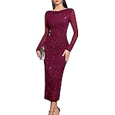 HomRain Women's Sparkly Mesh Maxi Summer Dress Long Sleeve Bodycon Dresses for Wedding Guest Outfit