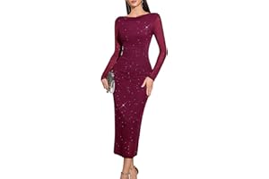 HomRain Wedding Guest Dress Party Long Sleeve Bodycon Mesh Gown Maxi Sequin Ruched Evening Cocktail Dress