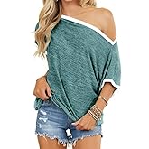 BONITEE Womens Off The Shoulder Shirt Boat Neck Oversized Tshirts Short Sleeve Tops 2026 Summer Casual Loose Clothes Tunic