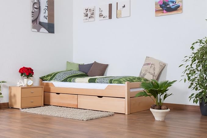 Einzelbett/Funktionsbett'Easy Premium Line' K1/1n inkl 2 Schubladen und 2 Abdeckblenden, 90 x 200 cm Buche Vollholz massiv Na