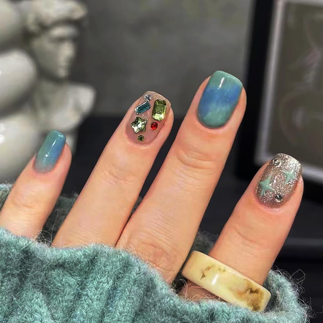 Brishow Short False Nails Colorful Rhinestone Press on Nails Star Glitter Stick on Nails Square Fake Nails 24pcs for Women and Girls