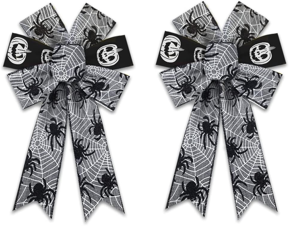 Bows & Ribbons - 2PCS Halloween Wreath Bows, Halloween Spider Web Bows for Wreath Gray Farmhouse Bow for Front Door Ornaments Pumpkin Decorative Bows Black Tree Topper Bows for Halloween Home Indoor Outdoor Decor