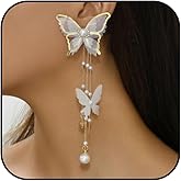 Rhinestone Pearl Butterfly Dangle Earrings for Women Long Sparkling Purple Crystal Butterfly Jewelry Statement Earrings