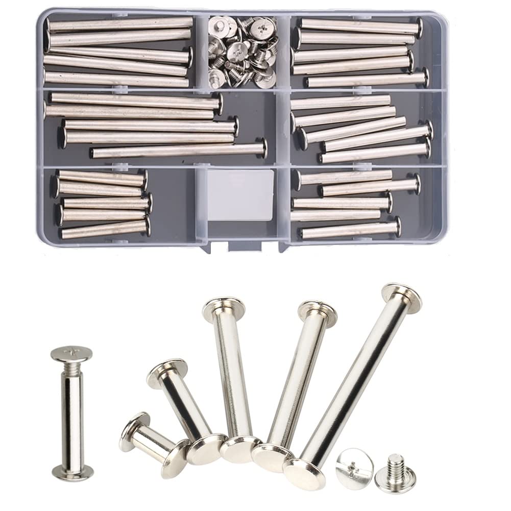 CONPHERON Chicago Screws 30 Sets Binding Screw 6 Sizes Rivets for Leather Decoration Book Binding (Nickel Plated)