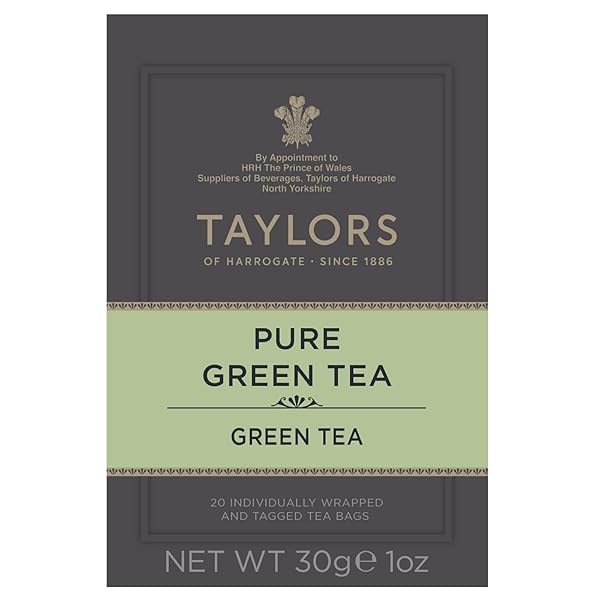 TAYLORS OF HARROGATE PURE GREEN TEA, INDIVIDUALLY WRAPPED BAGS, 20 COUNT (PACK OF 1), DELICATE, MELLOW AND CRISP, CAFFEINATED, ENJOY HOT OR ICED, 20 TEABAGS