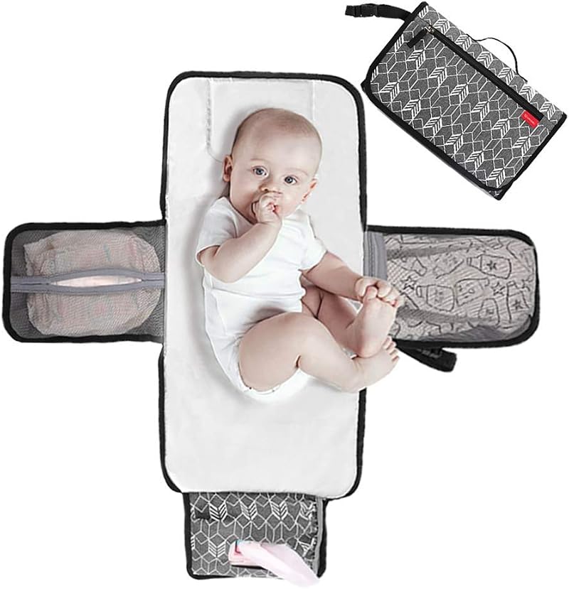 Lekebaby Portable Nappy Changing Mat Grey with Wipe-Pocket & Head Cushion
