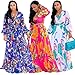 Nuofengkudu Womens Chiffon V-Neck Printed Floral Maxi Dress Long Sleeves Dresses High Waisted Belt Plus Size (Blue) XXL
