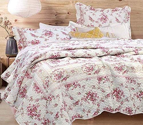 Finely Stitched Rose Garden Creamy White Elegantly Chic Pink Vintage Roses Floral Quilt/Coverlet Set Full/Queen