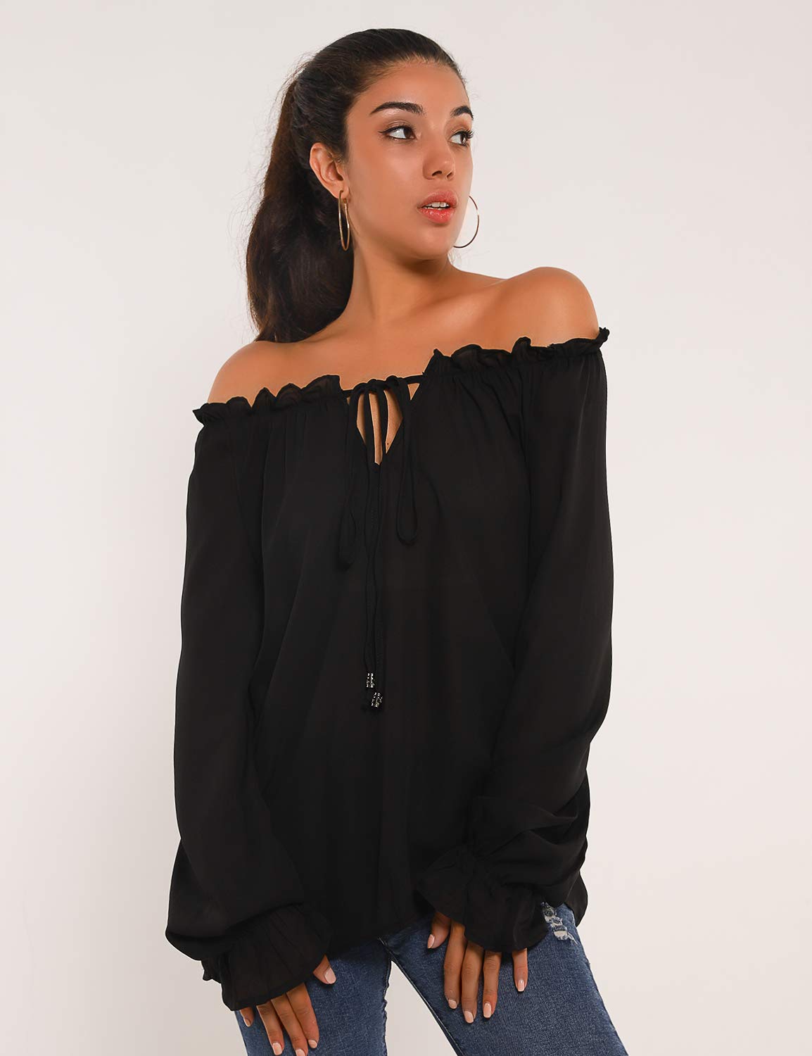 Blooming Jelly Womens Off The Shoulder Tops Chiffon Blouse Tie Neck Bell Sleeve Ruffle Elegant Flowy Shirt（S,Black