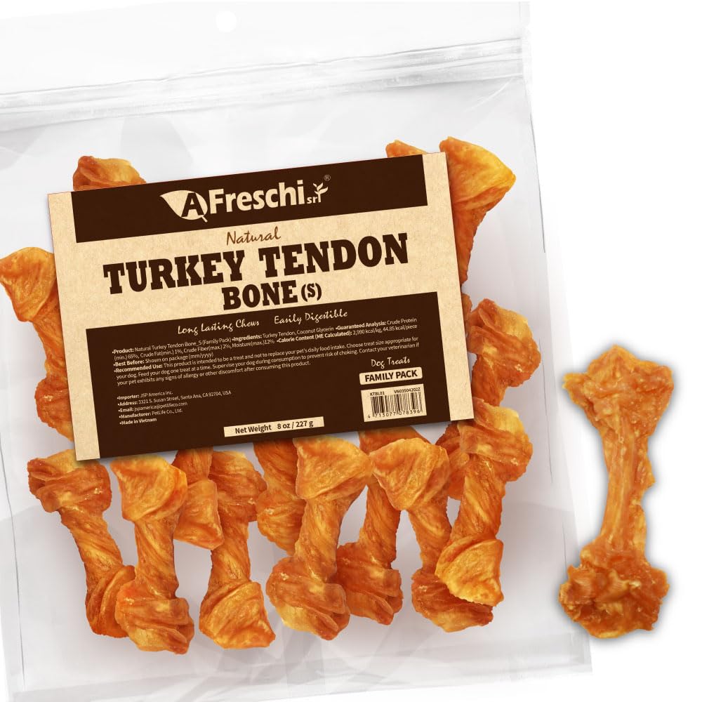 A Freschi srl Turkey Tendons for Dogs, USA-Sourced, Healthy Dog Treats, Rawhide-Free Puppy Chews, Long Lasting, All Natural, Hypoallergenic Dog Treats for Small Breeds, 8 oz Pack Bone (S) Image