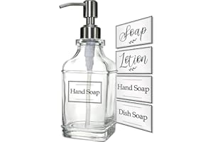 JASAI Antique Design Soap Dispenser with Rust Proof 304 Stainless Steel Pump, Refillable Clear Glass soap Dispenser with 10Pcs Clear Stickers, Premium Kitchen & Bathroom Soap Dispenser