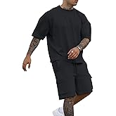 YawYews Men's 2 Piece Outfits Casual Tracksuit Cargo Shorts Summer Athletic Drop Shoulder Sleeve Sportwear Set