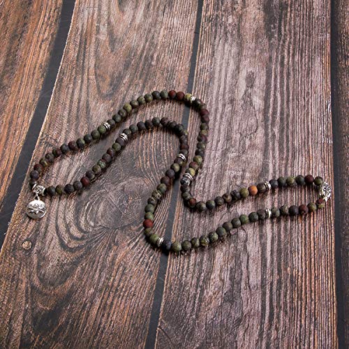 Bivei 108 Mala Beads Bracelet - Genuine Gemstone Mala Prayer Beads Lotus Charm Meditation Necklace (Bloodstone)