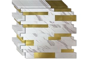 Weimeisc 10 Sheets Backsplash Tile for Kitchen Peel and Stick, 11.81" X 11.81" Self-Adhesive Waterproof, Metal Backsplash Subway Tile, Stick on Tiles Kitchen Bathroom (White Marble+Frosted Golden)