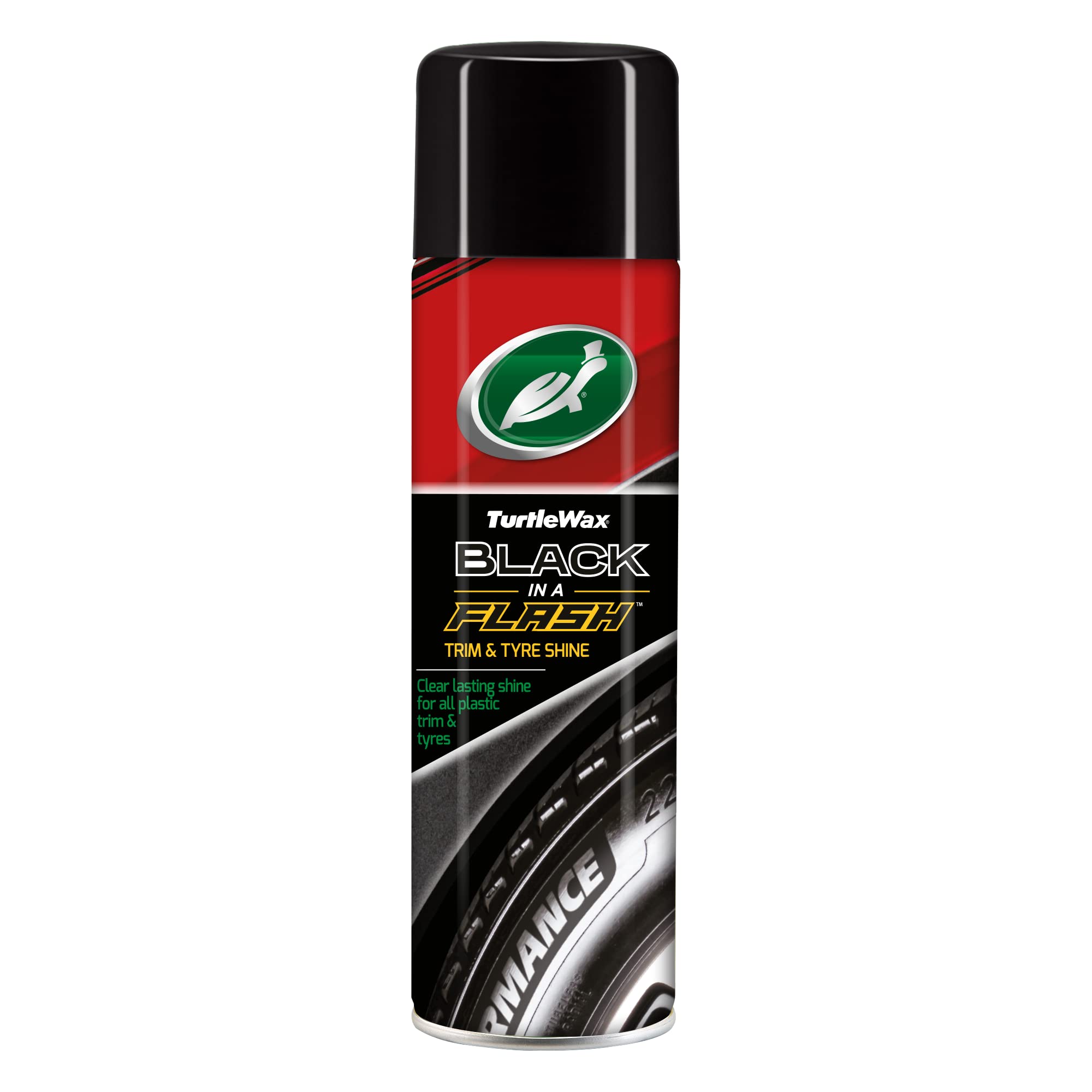 Turtle Wax Black In A Flash 500ml 51777 - Durable Water Resistance Tyre Shine & Restorer for All Treated Surfaces - Restores Vinyl, Plastic & Rubber - Long-Lasting Shine Without Streaks - Aerosol