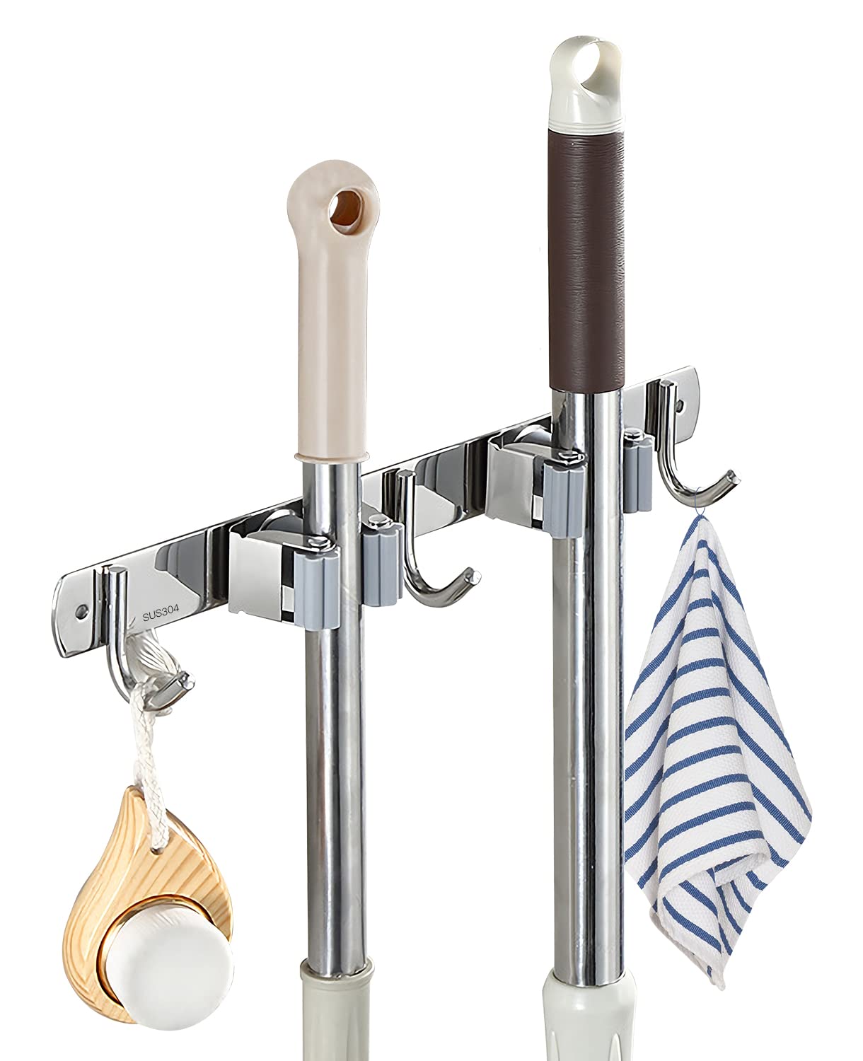 Broom Mop Holder Wall Mounted, 2 Pack Stainless Steel Storage Organizer Tool for Kitchen, Bathroom, Office, Garage and Garden, Gray(2 Racks and 3 Hooks)