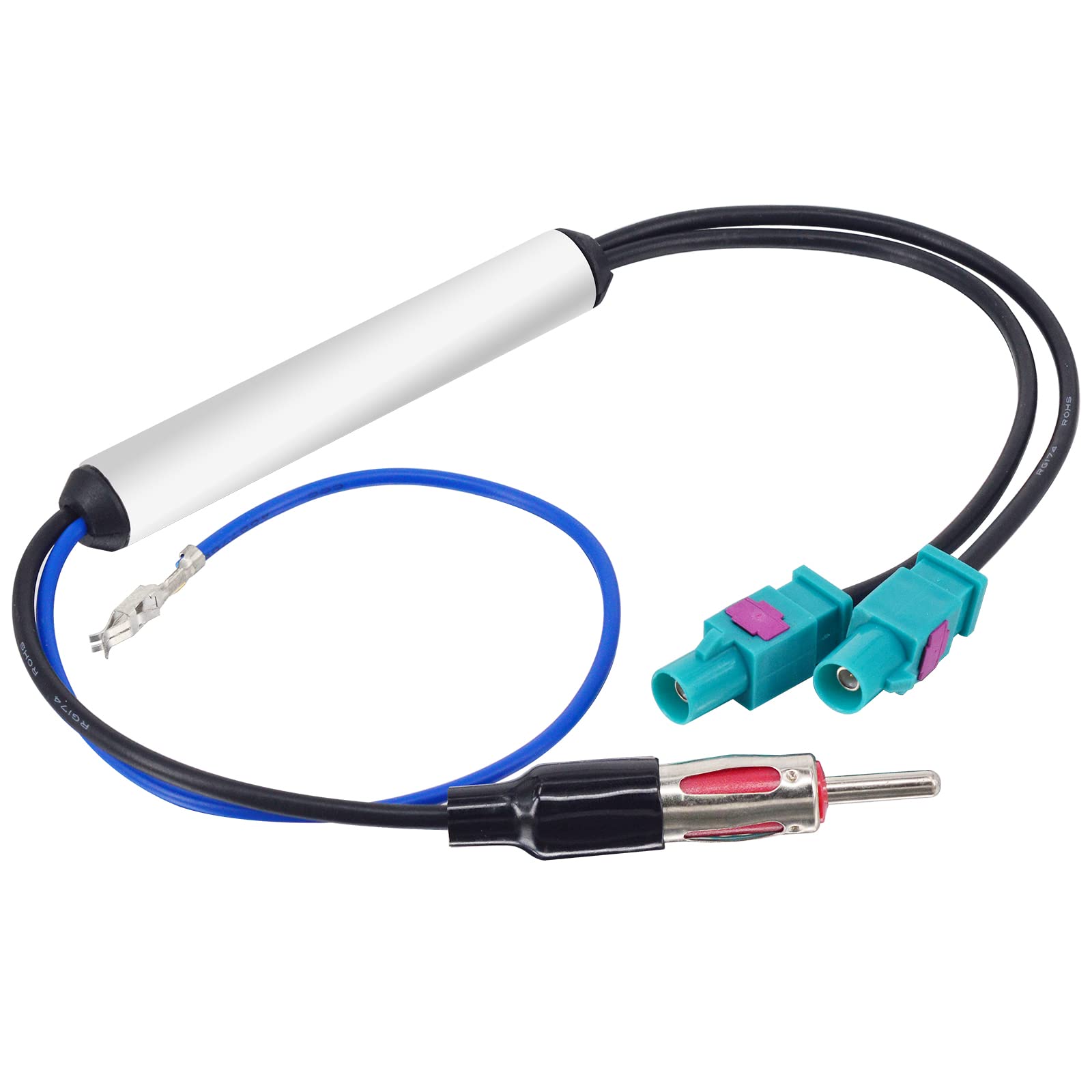 YILIANDUO Car Radio Antenna Cable Dual Fakra Z Male to DIN ISO plug with 12V Active Amplifier Booster Cable for Universal Car Stereo AM FM Vehicle GPS Navigation Car Stereo Head Unit Receivers