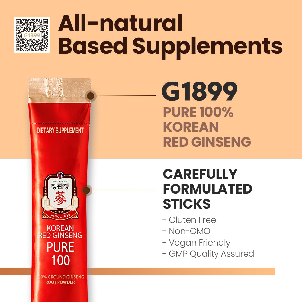 JungKwanJang Korean Red Ginseng Pure 100 - Panax Ginseng Powder Stick Supplements - Energy Boost & Immune Support - Vegan, Caffeine Free, Gluten Free & Non-GMO (Net Wt. 1.48 oz, 30 Sticks)