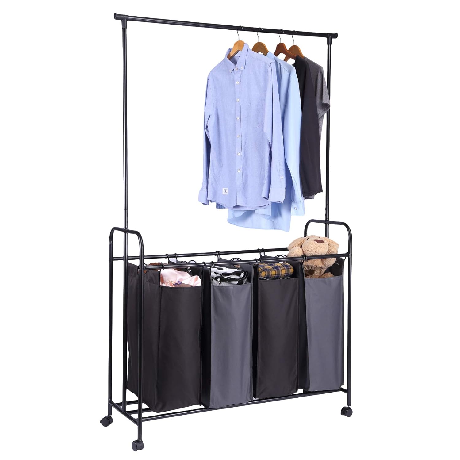 Yorbay Wäschesortierer Wäschekorb 4 Fächern mit Kleiderstange