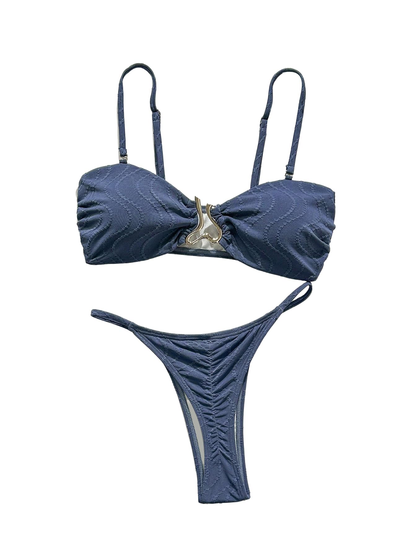Photo 1 of (SMALL) (USED/FAIR) GORGLITTER Women's G String Thong Bikini Set High Cut Cheeky Shell Metal Swimsuit Bathing Suit Deep Blue Small