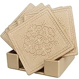 Drinks Coasters,Faux Leather with Pattern Absorbent Coasters Set of 6 with Holder by Happydavid (gold square)