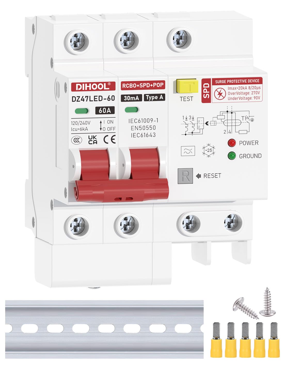 DIHOOL 60 Amp GFCI Breaker with Surge Protector, 60A Ground Fault