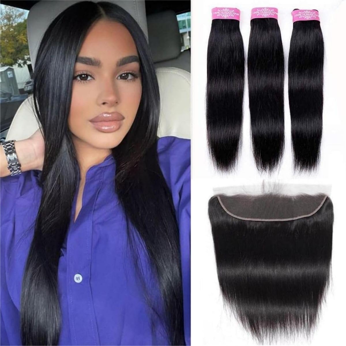 Sexycat Straight Bundles with 13x4 HD Lace Frontal Human Hair 16 18 20+14 Inch 100% Unprocessed Brazilian Virgin Hair Extensions Weave Weft Bundles with Lace Frontal — image 1