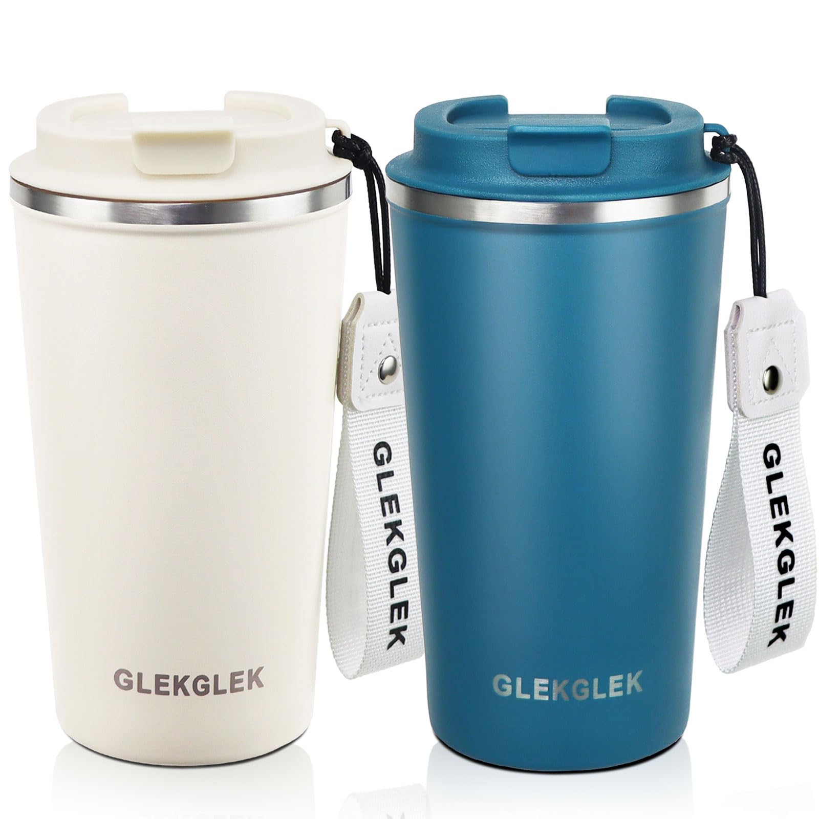 GLEKGLEK Insulated Coffee Travel Mug 500ml, Reusable Thermal Mug Double Walled with Lid and Strap (2 Pack(Blue+Cream))
