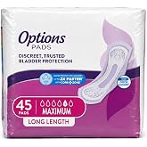 Equate Options Women's Incontinence Pads, Maximum Absorbency, Long Length, 45 Count